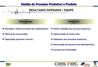 RESULTADOS ESPERADOS / EQUIPE Motivação e desenvolvimento dos colaboradores; Melhoria da comunicação; Capacitação gerencial e técnica. Intangíveis: Tangíveis: Melhor utilização dos recursos produtivos; Determinação de metas reais; Redesenho dos processos produtivos; Maximização da estrutura dos departamentos; Aumento da lucratividade. 