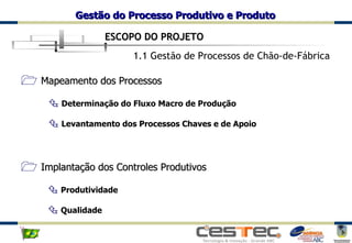 1.1 Gestão de Processos de Chão-de-Fábrica Mapeamento dos Processos Determinação do Fluxo Macro de Produção Levantamento dos Processos Chaves e de Apoio Implantação dos Controles Produtivos Produtividade Qualidade ESCOPO DO PROJETO 