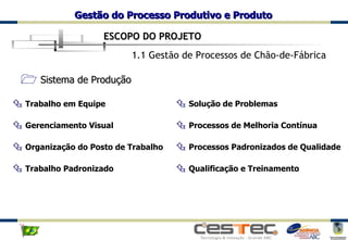 Sistema de Produção Trabalho em Equipe Gerenciamento Visual Organização do Posto de Trabalho Trabalho Padronizado Solução de Problemas Processos de Melhoria Contínua Processos Padronizados de Qualidade Qualificação e Treinamento 1.1 Gestão de Processos de Chão-de-Fábrica ESCOPO DO PROJETO 