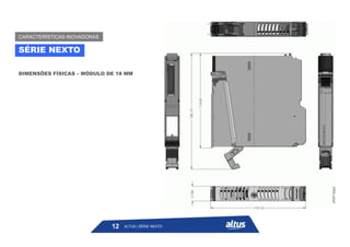 DIMENSÕES FÍSICAS – MÓDULO DE 18 MM
SÉRIE NEXTO
CARACTERÍSTICAS INOVADORAS
ALTUS | SÉRIE NEXTO
12
 