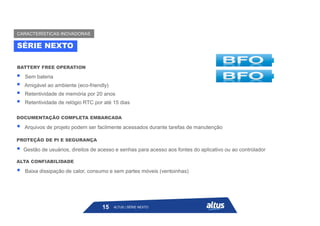  Sem bateria
 Amigável ao ambiente (eco-friendly)
 Retentividade de memória por 20 anos
 Retentividade de relógio RTC por até 15 dias
BATTERY FREE OPERATION
 Arquivos de projeto podem ser facilmente acessados durante tarefas de manutenção
DOCUMENTAÇÃO COMPLETA EMBARCADA
 Gestão de usuários, direitos de acesso e senhas para acesso aos fontes do aplicativo ou ao controlador
PROTEÇÃO DE PI E SEGURANÇA
 Baixa dissipação de calor, consumo e sem partes móveis (ventoinhas)
ALTA CONFIABILIDADE
SÉRIE NEXTO
CARACTERÍSTICAS INOVADORAS
ALTUS | SÉRIE NEXTO
15
 