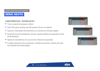  Troca a quente de qualquer módulo
 Uma CPU pode controlar até 320 pontos E/S em um bastidor
 Suporte a interrupção de barramento por eventos em entradas digitais
 Expansão de até 24 bastidores remotos usando módulos de expansão e fonte
de alimentação
 Opção de redundância com uso de dois módulos de expansão
 Funções especiais como contadores, medição de período e captura de pulso
nos módulos de entrada digital
CARACTERÍSTICAS – SISTEMA DE E/S
SÉRIE NEXTO
CARACTERÍSTICAS INOVADORAS
ALTUS | SÉRIE NEXTO
17
 