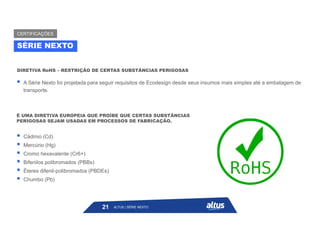  A Série Nexto foi projetada para seguir requisitos de Ecodesign desde seus insumos mais simples até a embalagem de
transporte.
DIRETIVA RoHS – RESTRIÇÃO DE CERTAS SUBSTÂNCIAS PERIGOSAS
É UMA DIRETIVA EUROPEIA QUE PROÍBE QUE CERTAS SUBSTÂNCIAS
PERIGOSAS SEJAM USADAS EM PROCESSOS DE FABRICAÇÃO.
 Cádmio (Cd)
 Mercúrio (Hg)
 Cromo hexavalente (Cr6+)
 Bifenilos polibromados (PBBs)
 Éteres difenil-polibromados (PBDEs)
 Chumbo (Pb)
SÉRIE NEXTO
CERTIFICAÇÕES
ALTUS | SÉRIE NEXTO
21
 
