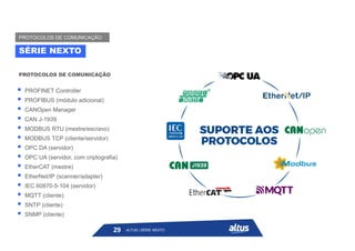 PROTOCOLOS DE COMUNICAÇÃO
SÉRIE NEXTO
PROTOCOLOS DE COMUNICAÇÃO
ALTUS | SÉRIE NEXTO
29
 PROFINET Controller
 PROFIBUS (módulo adicional)
 CANOpen Manager
 CAN J-1939
 MODBUS RTU (mestre/escravo)
 MODBUS TCP (cliente/servidor)
 OPC DA (servidor)
 OPC UA (servidor, com criptografia)
 EtherCAT (mestre)
 EtherNet/IP (scanner/adapter)
 IEC 60870-5-104 (servidor)
 MQTT (cliente)
 SNTP (cliente)
 SNMP (cliente)
 