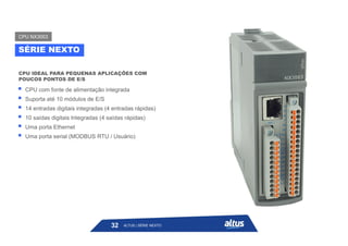  CPU com fonte de alimentação integrada
 Suporta até 10 módulos de E/S
 14 entradas digitais integradas (4 entradas rápidas)
 10 saídas digitais Integradas (4 saídas rápidas)
 Uma porta Ethernet
 Uma porta serial (MODBUS RTU / Usuário)
CPU IDEAL PARA PEQUENAS APLICAÇÕES COM
POUCOS PONTOS DE E/S
SÉRIE NEXTO
CPU NX3003
ALTUS | SÉRIE NEXTO
32
 
