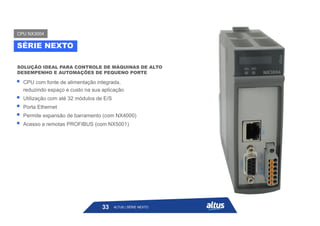  CPU com fonte de alimentação integrada,
reduzindo espaço e custo na sua aplicação
 Utilização com até 32 módulos de E/S
 Porta Ethernet
 Permite expansão de barramento (com NX4000)
 Acesso a remotas PROFIBUS (com NX5001)
SOLUÇÃO IDEAL PARA CONTROLE DE MÁQUINAS DE ALTO
DESEMPENHO E AUTOMAÇÕES DE PEQUENO PORTE
SÉRIE NEXTO
CPU NX3004
ALTUS | SÉRIE NEXTO
33
 