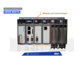 Módulos de Comunicação
Módulos de Comunicação
SÉRIE NEXTO
MÓDULOS E COMPONENTES
ALTUS | SÉRIE NEXTO
40
 