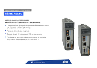 NX5110 – CABEÇA PROFIBUS-DP
NX5210 – CABEÇA REDUNDANTE PROFIBUS-DP
 Compatível com qualquer equipamento mestre PROFIBUS-
DP, seguindo a norma EN 50170
 Fonte de alimentação integrada
 Suporte de até 22 módulos de E/S no barramento
 Configuração automática e parametrização de todos os
módulos via mestre PROFIBUS-DP Classe 1
SÉRIE NEXTO
REMOTAS DE CAMPO – PROFIBUS DP
ALTUS | SÉRIE NEXTO
43
 