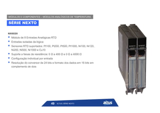 NX6020
 Módulo de 8 Entradas Analógicas RTD
 Entradas isoladas da lógica
 Sensores RTD suportados: Pt100, Pt200, Pt500, Pt1000, Ni100, Ni120,
Ni200, Ni500, Ni1000 e Cu10
 Suporte a faixas de resistência: 0 Ω a 400 Ω e 0 Ω a 4000 Ω
 Configuração individual por entrada
 Resolução do conversor de 24 bits e formato dos dados em 16 bits em
complemento de dois
SÉRIE NEXTO
MÓDULOS E COMPONENTES – MÓDULOS ANALÓGICOS DE TEMPERATURA
ALTUS | SÉRIE NEXTO
49
 