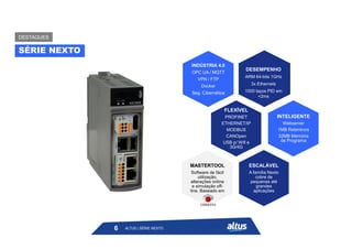 ALTUS | NEXTO XPRESS
INDÚSTRIA 4.0
OPC UA / MQTT
VPN / FTP
Docker
Seg. Cibernética
FLEXÍVEL
PROFINET
ETHERNET/IP
MODBUS
CANOpen
USB p/ Wifi e
3G/4G
INTELIGENTE
Webserver
1MB Retentivos
32MB Memória
de Programa
ESCALÁVEL
A família Nexto
cobre de
pequenas até
grandes
aplicações
MASTERTOOL
Software de fácil
utilização,
alterações online
e simulação off-
line. Baseado em
DESEMPENHO
ARM 64-bits 1GHz
3x Ethernets
1000 laços PID em
<2ms
6
SÉRIE NEXTO
DESTAQUES
ALTUS | SÉRIE NEXTO
 