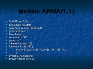 Modelo ARMA(1,1)Modelo ARMA(1,1)
 ZZtt=0,8Z=0,8Zt-1t-1+a+att-0,3a-0,3at-1t-1
 Simulação no Stata:Simulação no Stata:
 drawnorm a, n(50) seed(500)drawnorm a, n(50) seed(500)
 gene tempo = _ngene tempo = _n
 tsset tempotsset tempo
 set matsize 800set matsize 800
 gene z = 0gene z = 0
 mkmat a z,matrix(Z)mkmat a z,matrix(Z)
 forvalues i = 2(1)50 {forvalues i = 2(1)50 {
 matrix Z[`i',2]=.8*Z[`i'-1,2]+Z[`i',1]-.3*Z[`i'-1,1]matrix Z[`i',2]=.8*Z[`i'-1,2]+Z[`i',1]-.3*Z[`i'-1,1]
 }}
 svmat Z, name(serie)svmat Z, name(serie)
 twoway (tsline serie2)twoway (tsline serie2)
 