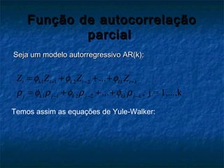 Função de autocorrelaçãoFunção de autocorrelação
parcialparcial
Seja um modelo autorregressivo AR(k):Seja um modelo autorregressivo AR(k):
1 1 2 2
1 1 2 2
...
... , j = 1,...,k
t k t k t kk t k
j k j k j kk j k
Z Z Z Zφ φ φ
ρ φ ρ φ ρ φ ρ
− − −
− − −
= + + +
= + + +
Temos assim as equações de Yule-Walker:
 