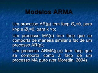 Modelos ARMAModelos ARMA
1.1. Um processo AR(p) tem facpUm processo AR(p) tem facp ØØkkkk≠0, para≠0, para
k≤p e Øk≤p e Økkkk=0, para k >p;=0, para k >p;
2.2. Um processo MA(q) tem facp que seUm processo MA(q) tem facp que se
comporta de maneira similar à fac de umcomporta de maneira similar à fac de um
processo AR(p);processo AR(p);
3.3. Um processo ARMA(p,q) tem facp queUm processo ARMA(p,q) tem facp que
se comporta como a facp de umse comporta como a facp de um
processo MA puro (ver Morettin, 2004)processo MA puro (ver Morettin, 2004)
 