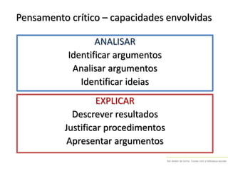 Ser diretor de turma. Contar com a biblioteca escolar
Pensamento crítico – capacidades envolvidas
ANALISAR
Identificar argumentos
Analisar argumentos
Identificar ideias
EXPLICAR
Descrever resultados
Justificar procedimentos
Apresentar argumentos
 