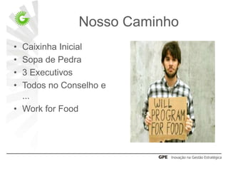 Nosso Caminho
• Caixinha Inicial
• Sopa de Pedra
• 3 Executivos
• Todos no Conselho e
  ...
• Work for Food
 
