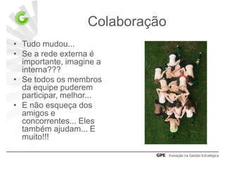 Colaboração
• Tudo mudou...
• Se a rede externa é
  importante, imagine a
  interna???
• Se todos os membros
  da equipe puderem
  participar, melhor...
• E não esqueça dos
  amigos e
  concorrentes... Eles
  também ajudam... E
  muito!!!
 