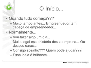 O Início...
• Quando tudo começa???
  – Muito tempo antes... Empreendedor tem
    cabeça de empreendedor...
• Normalmente...
  – Vou fazer algo um dia...
  – Muito legal essa história dessa empresa... Ou
    desses caras...
  – Consigo sozinho??? Quem pode ajudar???
  – Essa ideia é brilhante...
 