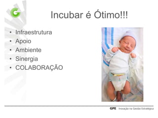 Incubar é Ótimo!!!
•   Infraestrutura
•   Apoio
•   Ambiente
•   Sinergia
•   COLABORAÇÃO
 