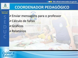 COORDENADOR PEDAGÓGICO Enviar mensagens para o professor Cálculo de faltas Gráficos Relatórios 