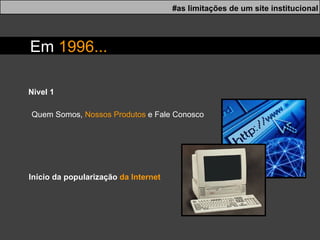 Em  1996... Nivel 1 #as limitações de um site institucional Quem Somos,  Nossos Produtos  e Fale Conosco Início da popularização  da Internet 
