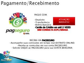 PAGUE COM:
-Depósito
-Transferência
-Boleto Bancário
-Cartão de Crédito em até12 VEZES
SEM CONSULTA SCPC/SERASA
ATIVAÇÃO
IMEDIATA!
RECEBA VIA PAGSEGURO
-Acompanhe suas comissões em tempo real (EXTRATO ONLINE)
-Receba as comissões em sua conta PAGSEGURO
-Solicite SAQUE ao PAGSEGURO para sua CONTA BANCÁRIA
 
