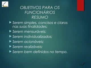 OBJETIVOS PARA OS
FUNCIONÁRIOS
RESUMO
 Serem simples, concisos e claros
nas suas finalidades;
 Serem mensuráveis;
 Serem individualizados;
 Serem acionáveis;
 Serem realizáveis;
 Serem bem definidos no tempo.
.../
 