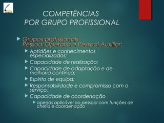 COMPETÊNCIAS
POR GRUPO PROFISSIONAL
 Grupos profissionaisGrupos profissionais
Pessoal Operário e Pessoal Auxiliar:Pessoal Operário e Pessoal Auxiliar:
 Aptidões e conhecimentos
especializados;
 Capacidade de realização;
 Capacidade de adaptação e de
melhoria contínua;
 Espírito de equipa;
 Responsabilidade e compromisso com o
serviço.
 Capacidade de coordenação
 apenas aplicável ao pessoal com funções de
chefia e coordenação
 