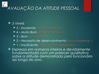 AVALIAÇÃO DA ATITUDE PESSOAL
 5 níveis
 5 – Excelente (notável dinâmica...)(notável dinâmica...)
 4 – Muito Bom (grande dinâmica...)(grande dinâmica...)
 3 – Bom (dinamismo...)(dinamismo...)
 2 – Necessita de desenvolvimento (pouca dinâmica...)(pouca dinâmica...)
 1 – Insuficiente (passividade e negligência...)(passividade e negligência...)
 Expressa em números inteiros e devidamente
fundamentada com um parecer qualitativo
sobre a atitude demonstrada pelo funcionário
ao longo do ano.
 