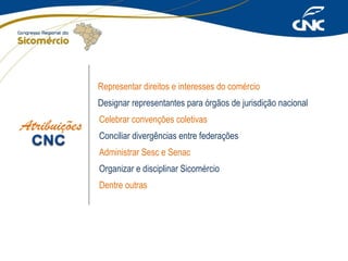 Representar direitos e interesses do comércio
Designar representantes para órgãos de jurisdição nacional
Celebrar convenções coletivas
Conciliar divergências entre federações
Administrar Sesc e Senac
Organizar e disciplinar Sicomércio
Dentre outras

 