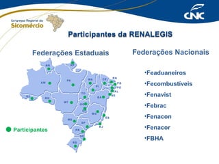 Federações Estaduais

Federações Nacionais
•Feaduaneiros
•Fecombustíveis
•Fenavist
•Febrac
•Fenacon

Participantes

•Fenacor
•FBHA

 