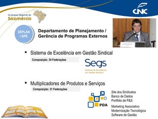 DEPLAN
DEPLAN
/ /GPE
GPE

Departamento de Planejamento /
Gerência de Programas Externos

 Sistema de Excelência em Gestão Sindical
Composição: 34 Federações

 Multiplicadores de Produtos e Serviços
Composição: 31 Federações

Site dos Sindicatos
Banco de Dados
Portfólio de P&S
PDA

Marketing Associativo
Modernização Tecnológica
Software de Gestão

 