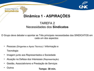 Dinâmica 1 - ASPIRAÇÕES
TAREFA 2
Necessidades dos Sindicatos
O Grupo deve debater e apontar as Três principais necessidades dos SINDICATOS em
cada um dos aspectos:
• Pessoas (Dirigentes e Apoio Técnico) / Informação e
Tecnologia
• Imagem junto aos Representados e Sociedade
• Atuação na Defesa dos Interesses (Representação)
• Gestão, Associativismo e Prestação de Serviços
• Outros

Tempo: 30 min.

 