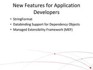 New Features for Application
Developers
• StringFormat
• Databinding Support for Dependency Objects
• Managed Extensibility Framework (MEF)

 