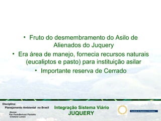 JUQUERY
Integração Sistema ViárioPlanejamento Ambiental no Brasil
Pier PaoloBertuzzi Pizolatto
Cristiane Larsen
Disciplina:
Alunos:
• Fruto do desmembramento do Asilo de
Alienados do Juquery
• Era área de manejo, fornecia recursos naturais
(eucaliptos e pasto) para instituição asilar
• Importante reserva de Cerrado
 