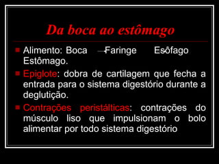 Da boca ao estômago Alimento: Boca  Faringe  Esôfago  Estômago. Epiglote : dobra de cartilagem que fecha a entrada para o sistema digestório durante a deglutição.  Contrações peristálticas : contrações do músculo liso que impulsionam o bolo alimentar por todo sistema digestório  
