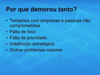 Por que demorou tanto? Tentamos com empresas e pessoas não comprometidas Falta de foco Falta de prioridade Indefinição estratégica Outros problemas maiores 