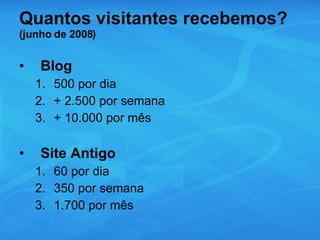 Quantos visitantes recebemos?  (junho de 2008) Blog 500 por dia + 2.500 por semana + 10.000 por mês Site Antigo 60 por dia 350 por semana 1.700 por mês 