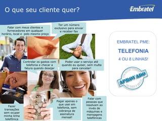 O que seu cliente quer? Falar com meus clientes e fornecedores em qualquer horário, local e  pelo mesmo preço Ter um número exclusivo para enviar e receber fax Fazer transações sem ocupar minha linha telefônica EMBRATEL PME: TELEFONIA 4 OU 8 LINHAS! Controlar os gastos com telefonia e checar a fatura quando desejar Pagar apenas o que usei em telefonia, sem cobrança de assinatura mensal! Poder usar o serviço até quando eu quiser, sem multa para cancelar! Falar com pessoas que resolvam ao invés de máquinas e mensagens telefônicas 