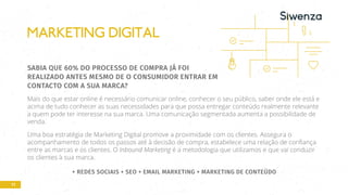 11
SABIA QUE 60% DO PROCESSO DE COMPRA JÁ FOI
REALIZADO ANTES MESMO DE O CONSUMIDOR ENTRAR EM
CONTACTO COM A SUA MARCA?
Mais do que estar online é necessário comunicar online, conhecer o seu público, saber onde ele está e
acima de tudo conhecer as suas necessidades para que possa entregar conteúdo realmente relevante
a quem pode ter interesse na sua marca. Uma comunicação segmentada aumenta a possibilidade de
venda.
Uma boa estratégia de Marketing Digital promove a proximidade com os clientes. Assegura o
acompanhamento de todos os passos até à decisão de compra, estabelece uma relação de confiança
entre as marcas e os clientes. O Inbound Marketing é a metodologia que utilizamos e que vai conduzir
os clientes à sua marca.
+ REDES SOCIAIS + SEO + EMAIL MARKETING + MARKETING DE CONTEÚDO
MARKETING DIGITAL
 
