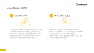 5
COMO TRABALHAMOS?
DIAGNÓSTICO: IMPLEMENTAÇÃO:
O Diagnóstico é o primeiro passo. É nesta
fase que analisamos a situação atual da
marca ou produto, o mercado onde atua,
o público-alvo, o posicionamento e os
principais indicadores de sucesso.
Depois do diagnóstico, estabelecemos
metas e objetivos. Uma estratégia coerente
e bem delineada faz a diferença. É
importante avaliar as ações e os canais de
comunicação a utilizar.
1 2
 