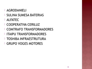 38
 AGRODANIELI
 SULINA SUMESA BATERIAS
 ALFATEC
 COOPERATIVA CERILUZ
 COMTRAFO TRANSFORMADORES
 ITAIPU TRANSFORMADORES
 TOSHIBA INFRAESTRUTURA
 GRUPO VOGES MOTORES
 