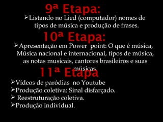 9ª Etapa:
    Listando no Lied (computador) nomes de
       tipos de música e produção de frases.

           10ª Etapa:
 Apresentação em Power point: O que é música,
  Música nacional e internacional, tipos de música,
   as notas musicais, cantores brasileiros e suas
                      músicas.
         11ª Etapa
Vídeos de paródias no Youtube
Produção coletiva: Sinal disfarçado.
 Reestruturação coletiva.
Produção individual.
 