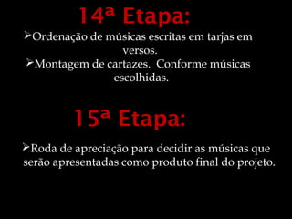 14ª Etapa:
Ordenação de músicas escritas em tarjas em
                 versos.
Montagem de cartazes. Conforme músicas
               escolhidas.


         15ª Etapa:
Roda de apreciação para decidir as músicas que
serão apresentadas como produto final do projeto.
 
