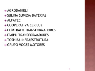 16 
 AGRODANIELI 
 SULINA SUMESA BATERIAS 
 ALFATEC 
 COOPERATIVA CERILUZ 
 COMTRAFO TRANSFORMADORES 
 ITAIPU TRANSFORMADORES 
 TOSHIBA INFRAESTRUTURA 
 GRUPO VOGES MOTORES 
