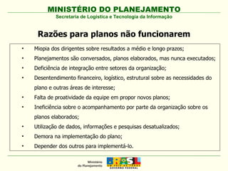 MINISTÉRIO DO PLANEJAMENTO Secretaria de Logística e Tecnologia da Informação Razões para planos não funcionarem Miopia dos dirigentes sobre resultados a médio e longo prazos; Planejamentos são conversados, planos elaborados, mas nunca executados; Deficiência de integração entre setores da organização; Desentendimento financeiro, logístico, estrutural sobre as necessidades do plano e outras áreas de interesse; Falta de proatividade da equipe em propor novos planos;  Ineficiência sobre o acompanhamento por parte da organização sobre os planos elaborados;  Utilização de dados, informações e pesquisas desatualizados; Demora na implementação do plano; Depender dos outros para implementá-lo. 