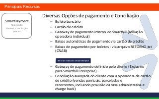 Principais Recursos

                        Diversas Opções de pagamento e Conciliação
SmartPayment               – Boleto bancário
     Pagamento
Flexivel, Conciliação      – Cartão de crédito
       precisa             – Gateway de pagamento interno do Smartbill (Afiliação
                             operadora individual)
                           – Baixas automáticas de pagamento via cartão de crédito
                           – Baixas de pagamebto por boletos - via arquivo RETORNO.txt
                             (CNAB)

                               Recursos Exclusivos versão Enterprise


                           – Gateway de pagamento definido pelo cliente (Exclusivo
                             para Smartbill Enterprise)
                           – Conciliação avançada do cliente com a operadora de cartão
                             de crédito (vendas pontuais, parceladas e
                             recorrentes, incluindo provisão da taxa administrativa e
                             charge back)
 