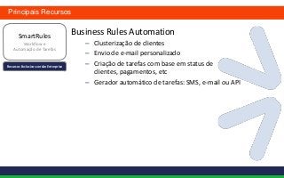 Principais Recursos


       SmartRules
                                        Business Rules Automation
        Workflow e                         – Clusterização de clientes
    Automação de Tarefas
                                           – Envio de e-mail personalizado
Recursos Exclusivos versão Enterprise
                                           – Criação de tarefas com base em status de
                                             clientes, pagamentos, etc
                                           – Gerador automático de tarefas: SMS, e-mail ou API
 