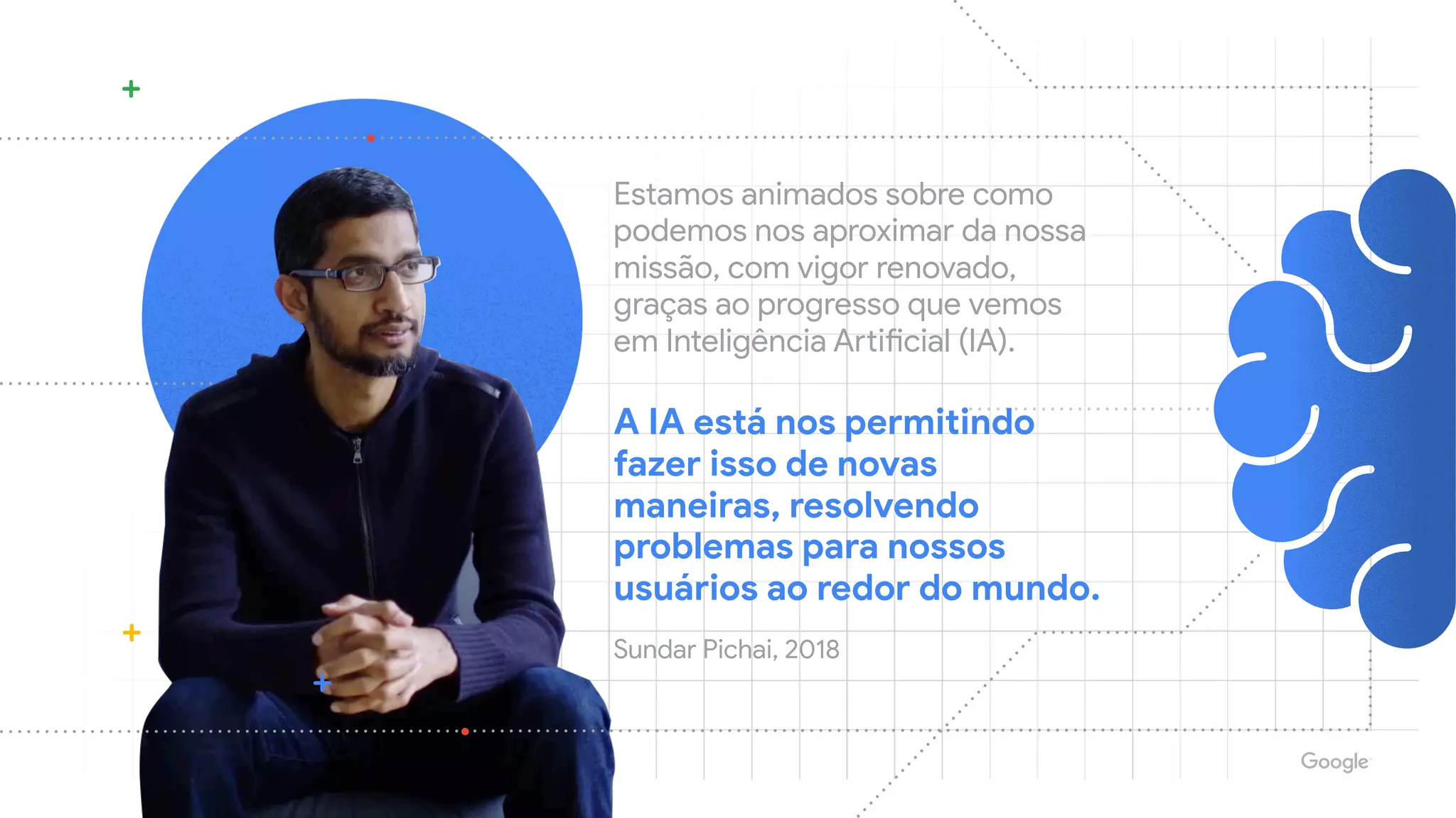 Estamos animados sobre como
podemos nos aproximar da nossa
missão, com vigor renovado,
graças ao progresso que vemos
em Inteligência Artificial (IA). 

A IA está nos permitindo
fazer isso de novas
maneiras, resolvendo
problemas para nossos
usuários ao redor do mundo.
Sundar Pichai, 2018
 