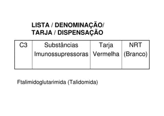 LISTA / DENOMINAÇÃO/
TARJA / DISPENSAÇÃO
NRT
(Branco)
Tarja
Vermelha
Substâncias
Imunossupressoras
C3
Ftalimidoglutarimida (Talidomida)
 
