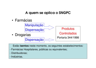A quem se aplica o SNGPC
• Farmácias
Manipulação
Dispensação
• Drogarias
Dispensação
Produtos
Controlados
Portaria 344/1998
Estão isentos neste momento, os seguintes estabelecimentos:
- Farmácias Hospitalares, públicas ou equivalentes;
- Distribuidoras;
- Indústrias.
 